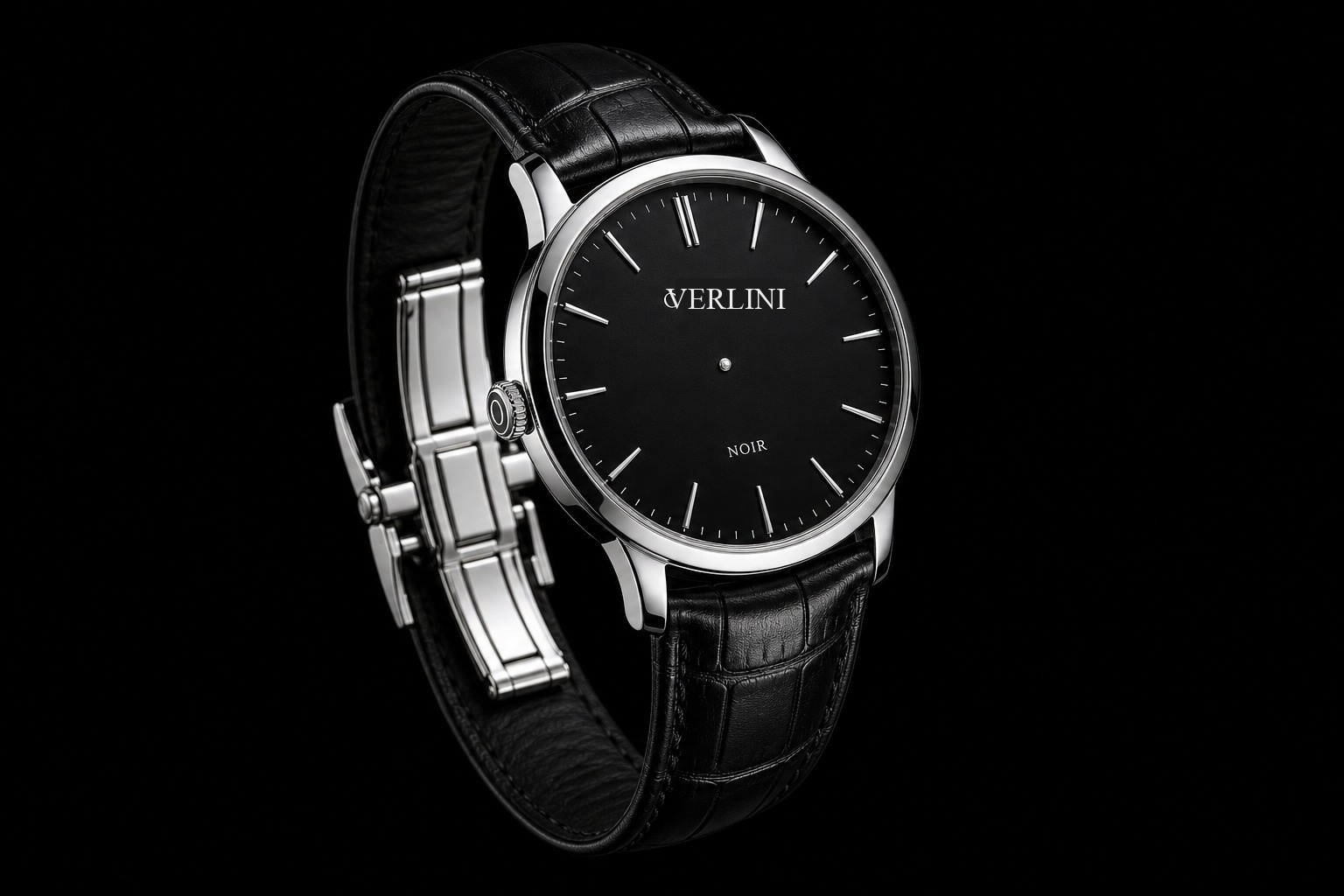 VERLINI NOIR — mat siyah kadran, 3/4 açılı, tam deri kordon